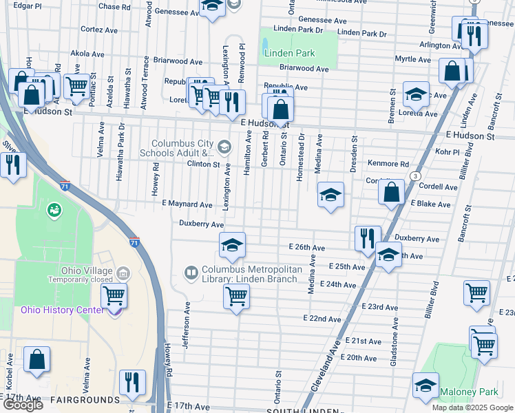 map of restaurants, bars, coffee shops, grocery stores, and more near 1146 Duxberry Avenue in Columbus