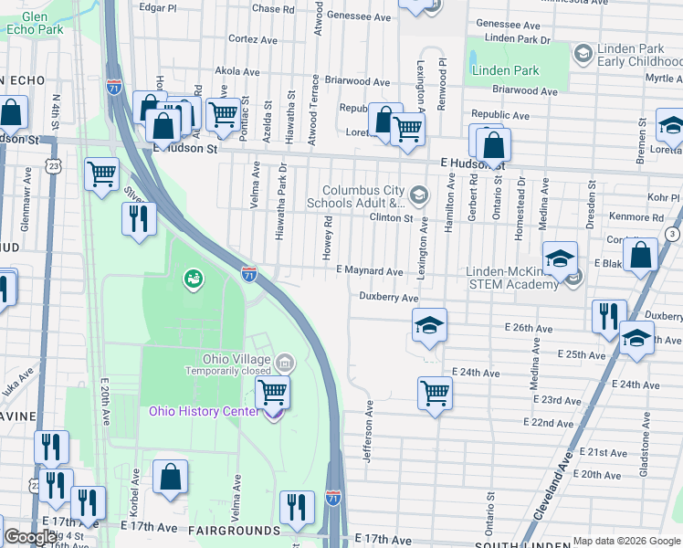 map of restaurants, bars, coffee shops, grocery stores, and more near 2170 Howey Road in Columbus