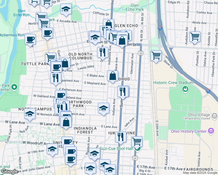 map of restaurants, bars, coffee shops, grocery stores, and more near in Columbus