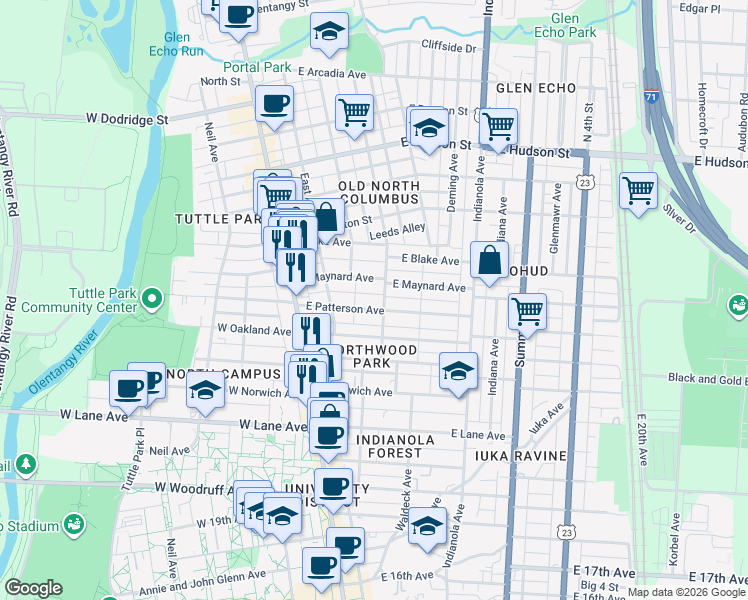 map of restaurants, bars, coffee shops, grocery stores, and more near 105 East Patterson Avenue in Columbus