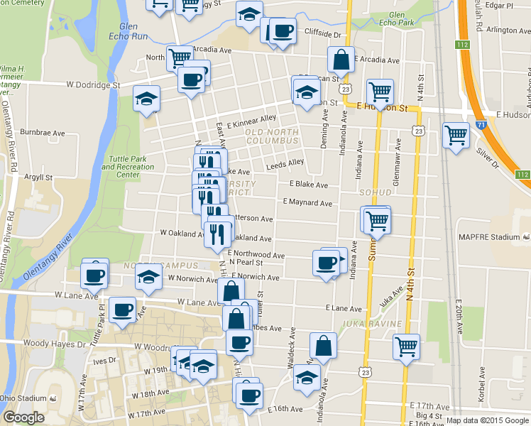 map of restaurants, bars, coffee shops, grocery stores, and more near 105 East Patterson Avenue in Columbus