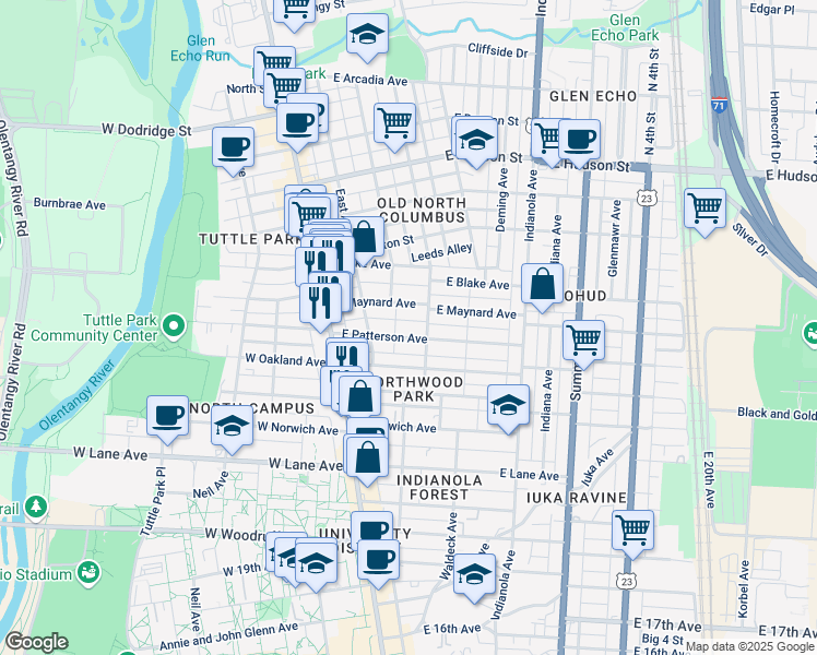 map of restaurants, bars, coffee shops, grocery stores, and more near 105 East Patterson Avenue in Columbus