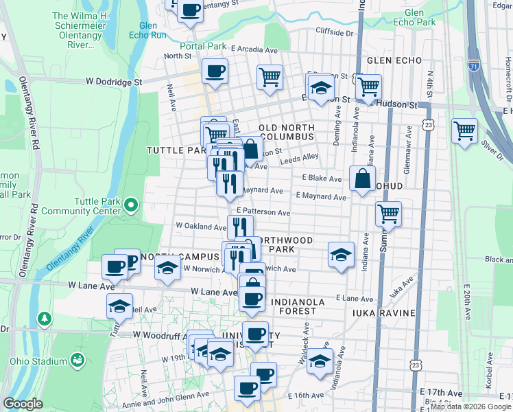 map of restaurants, bars, coffee shops, grocery stores, and more near 2307 East Avenue in Columbus