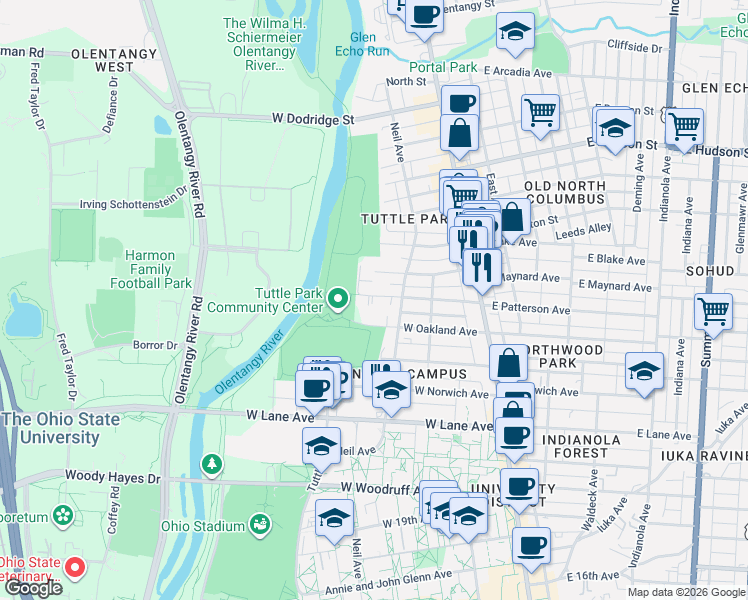 map of restaurants, bars, coffee shops, grocery stores, and more near 164 West Oakland Avenue in Columbus