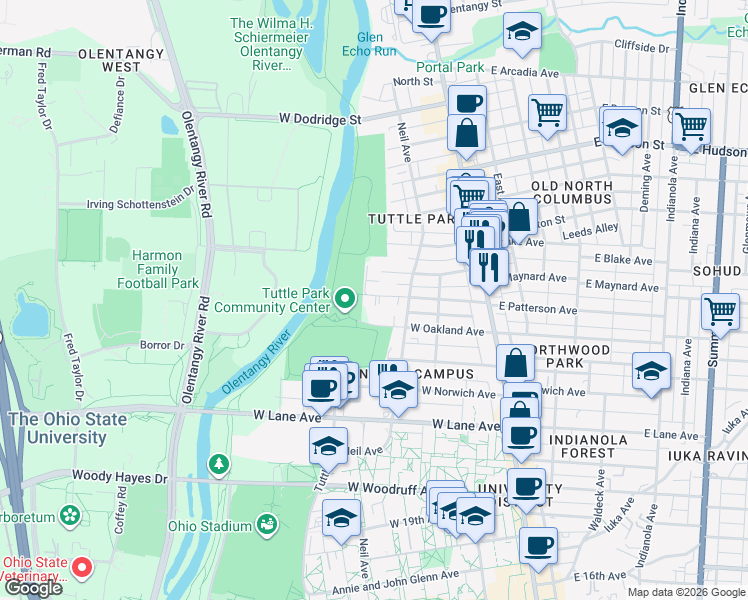 map of restaurants, bars, coffee shops, grocery stores, and more near 164 West Oakland Avenue in Columbus
