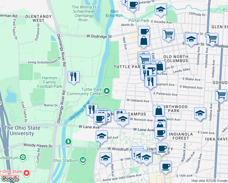 map of restaurants, bars, coffee shops, grocery stores, and more near 240 West Oakland Avenue in Columbus