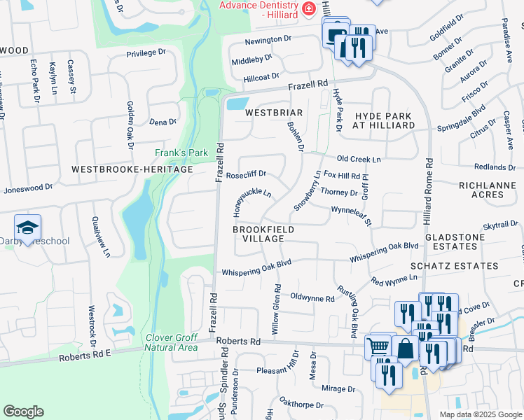 map of restaurants, bars, coffee shops, grocery stores, and more near 5641 Seapine Road in Hilliard