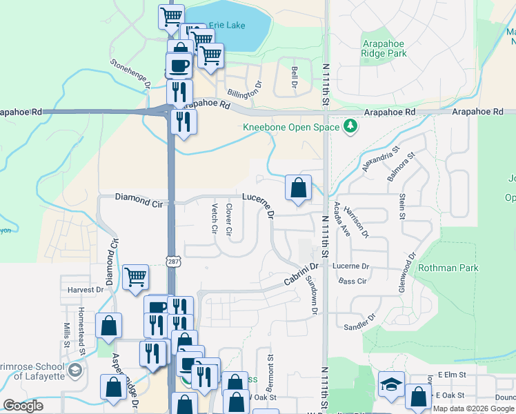 map of restaurants, bars, coffee shops, grocery stores, and more near 903 Vetch Circle in Lafayette