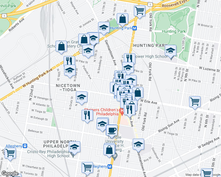 map of restaurants, bars, coffee shops, grocery stores, and more near 3724 North 15th Street in Philadelphia
