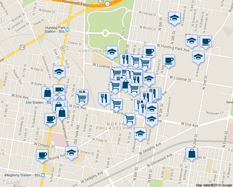 map of restaurants, bars, coffee shops, grocery stores, and more near 3815 North Percy Street in Philadelphia