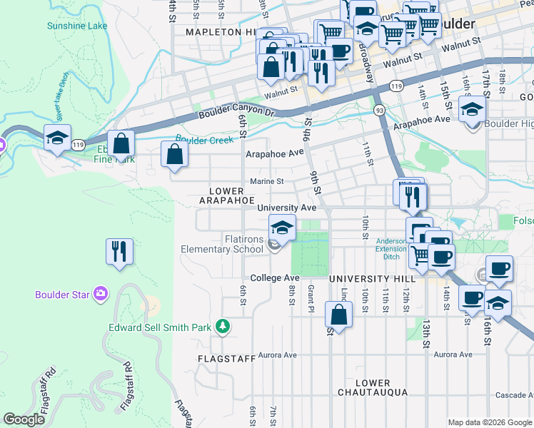 map of restaurants, bars, coffee shops, grocery stores, and more near 625 Pleasant Street in Boulder