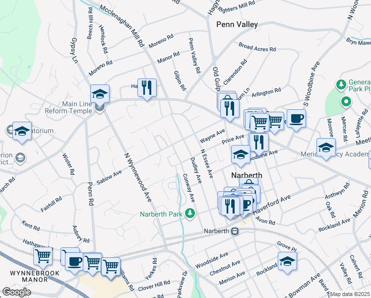 map of restaurants, bars, coffee shops, grocery stores, and more near 418 Dudley Avenue in Narberth