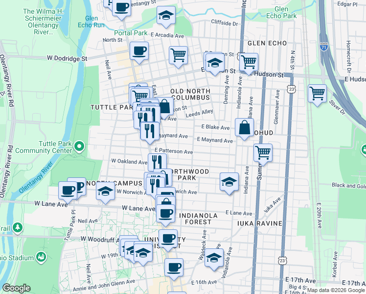 map of restaurants, bars, coffee shops, grocery stores, and more near 105 East Patterson Avenue in Columbus