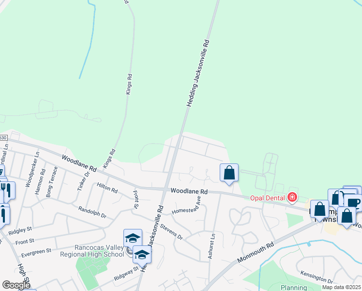 map of restaurants, bars, coffee shops, grocery stores, and more near Bentley Road in Eastampton Township