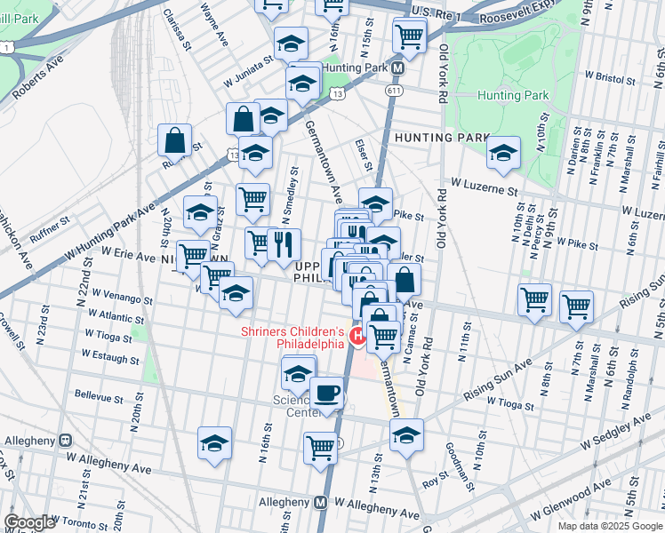 map of restaurants, bars, coffee shops, grocery stores, and more near 3725 North 15th Street in Philadelphia