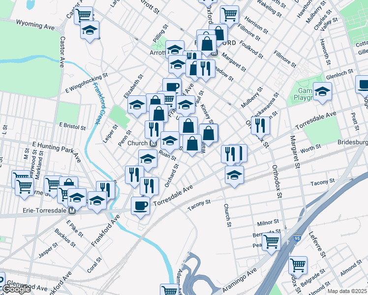 map of restaurants, bars, coffee shops, grocery stores, and more near 1679 Church Street in Philadelphia
