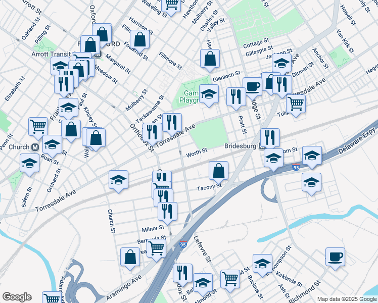map of restaurants, bars, coffee shops, grocery stores, and more near 4724 Worth Street in Philadelphia