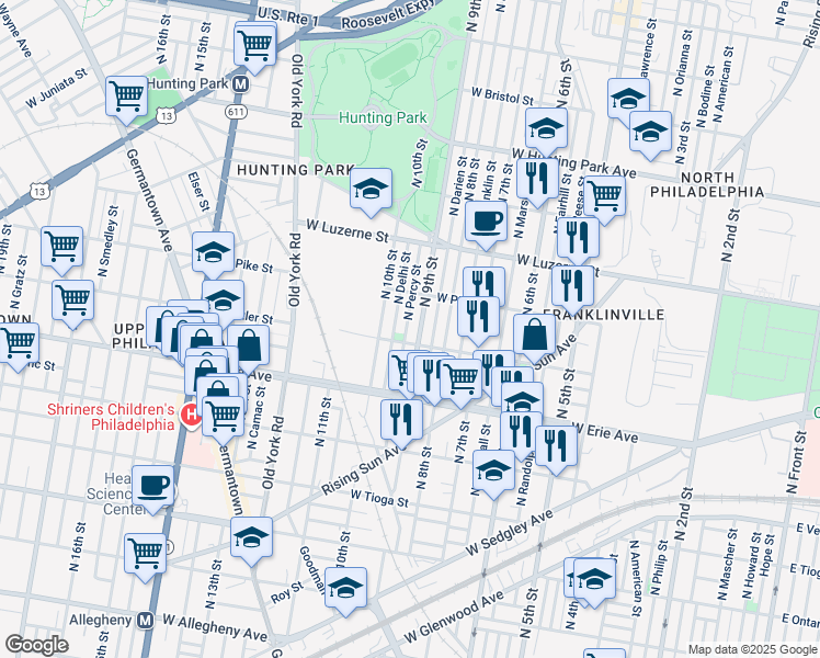 map of restaurants, bars, coffee shops, grocery stores, and more near 3815 North Percy Street in Philadelphia