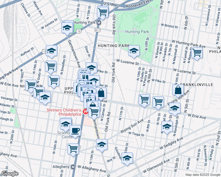 map of restaurants, bars, coffee shops, grocery stores, and more near 1206 West Butler Street in Philadelphia