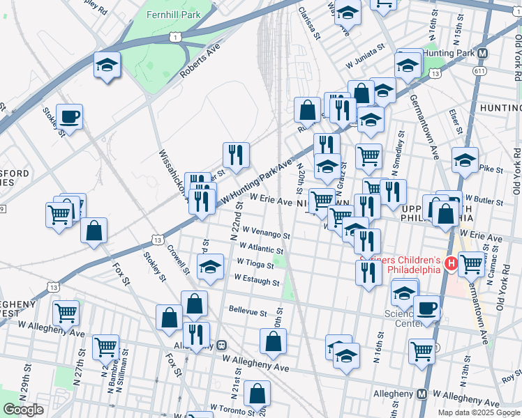 map of restaurants, bars, coffee shops, grocery stores, and more near 3646 North 21st Street in Philadelphia