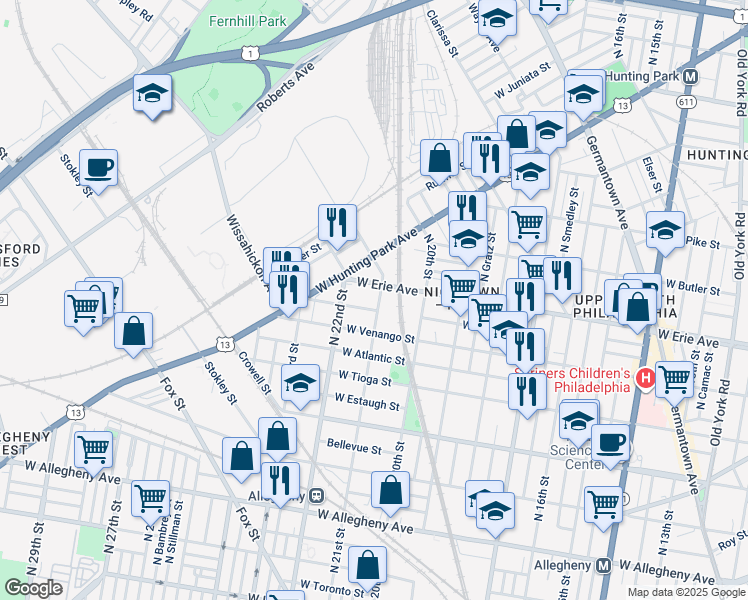 map of restaurants, bars, coffee shops, grocery stores, and more near 3646 North 21st Street in Philadelphia