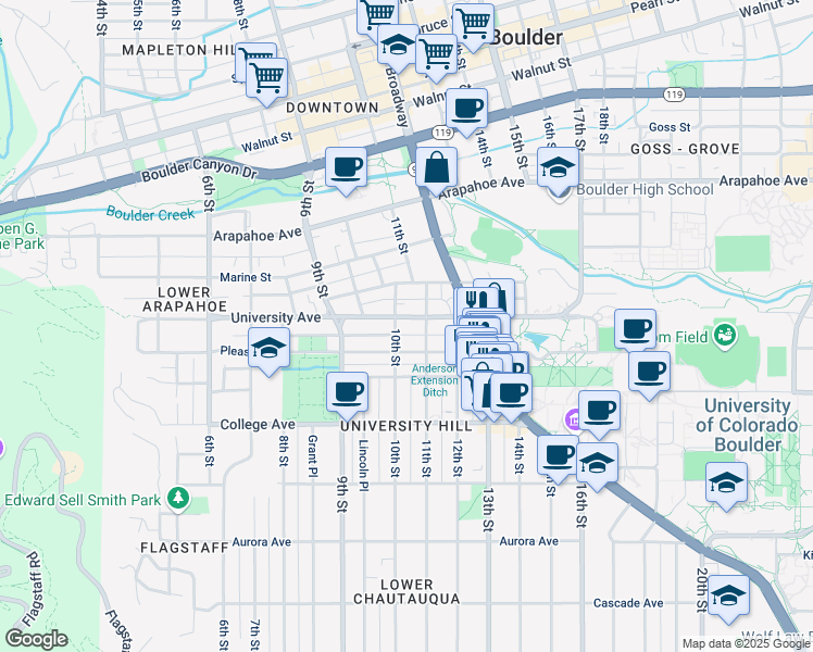 map of restaurants, bars, coffee shops, grocery stores, and more near 1012 University Avenue in Boulder