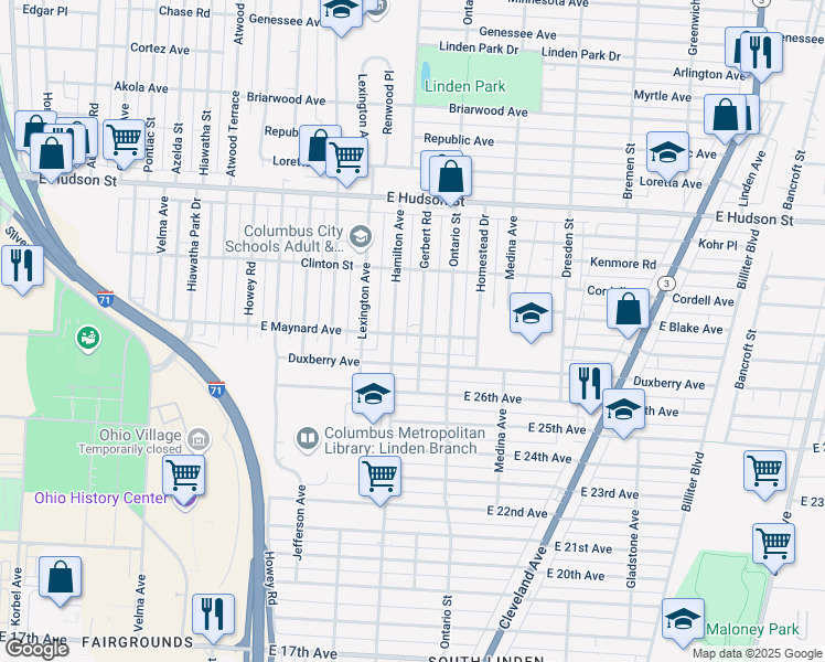 map of restaurants, bars, coffee shops, grocery stores, and more near 1146 Duxberry Avenue in Columbus