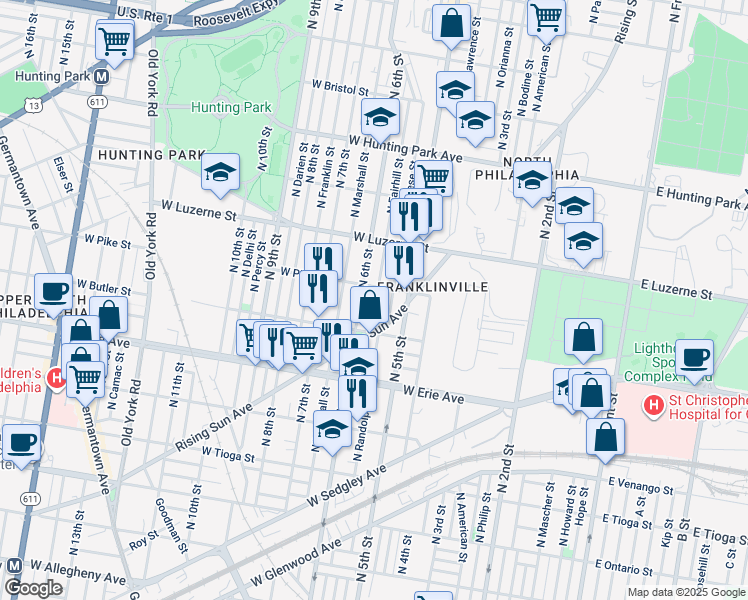 map of restaurants, bars, coffee shops, grocery stores, and more near 3848 North Fairhill Street in Philadelphia