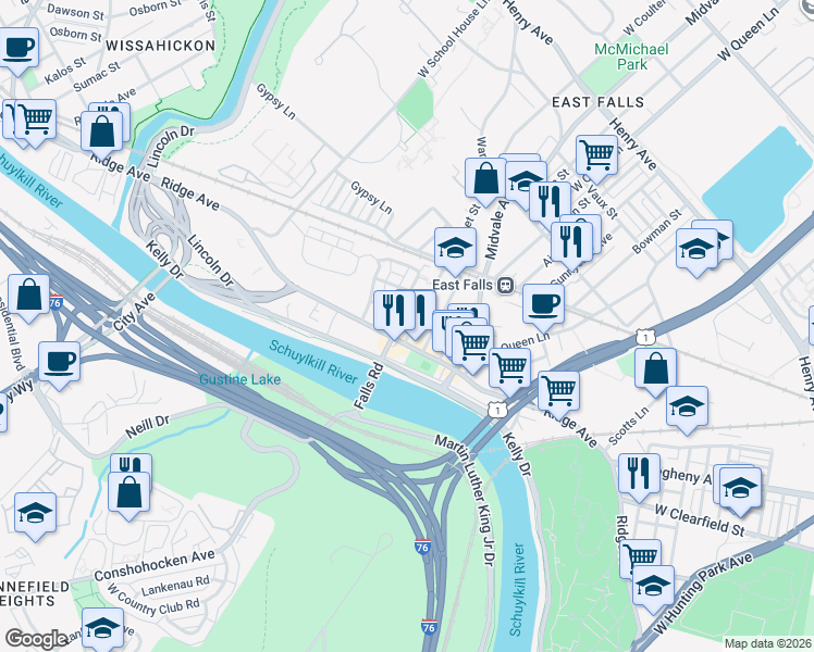 map of restaurants, bars, coffee shops, grocery stores, and more near 4268 Ridge Avenue in Philadelphia