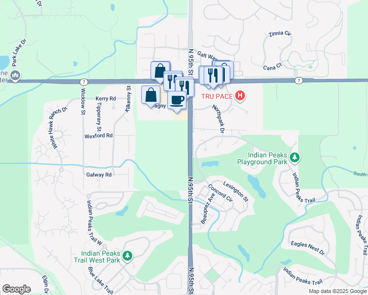 map of restaurants, bars, coffee shops, grocery stores, and more near 1341 North 95th Street in Lafayette