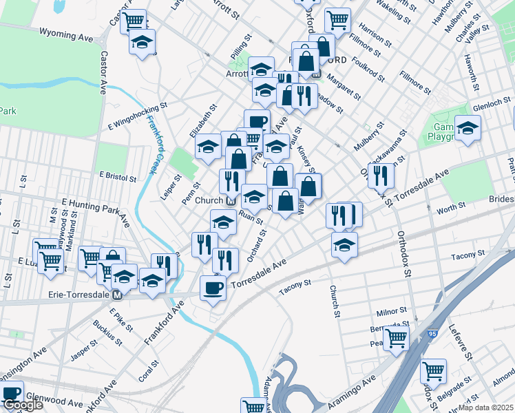 map of restaurants, bars, coffee shops, grocery stores, and more near 4286 Paul Street in Philadelphia