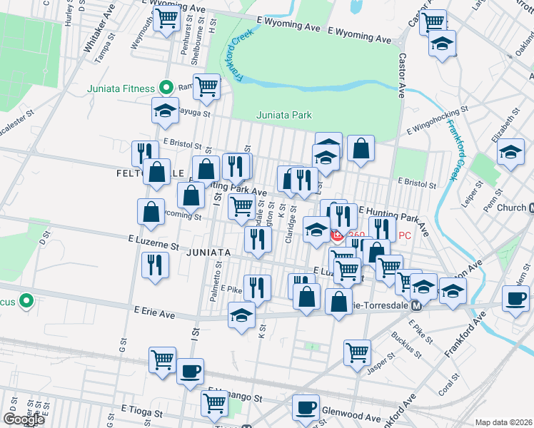 map of restaurants, bars, coffee shops, grocery stores, and more near 1129 East Lycoming Street in Philadelphia