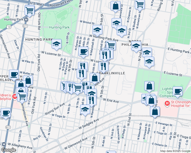 map of restaurants, bars, coffee shops, grocery stores, and more near 3848 North Fairhill Street in Philadelphia