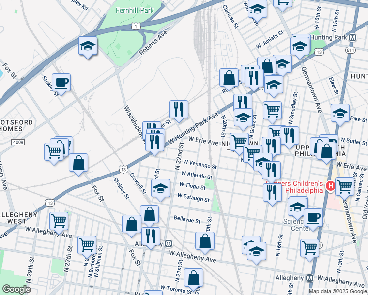map of restaurants, bars, coffee shops, grocery stores, and more near 3627 North 22nd Street in Philadelphia