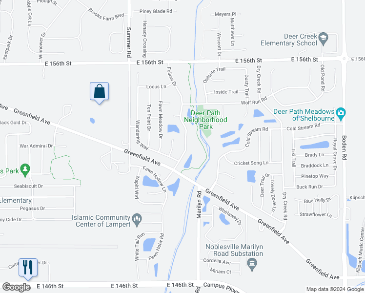 map of restaurants, bars, coffee shops, grocery stores, and more near 15235 Follow Drive in Noblesville