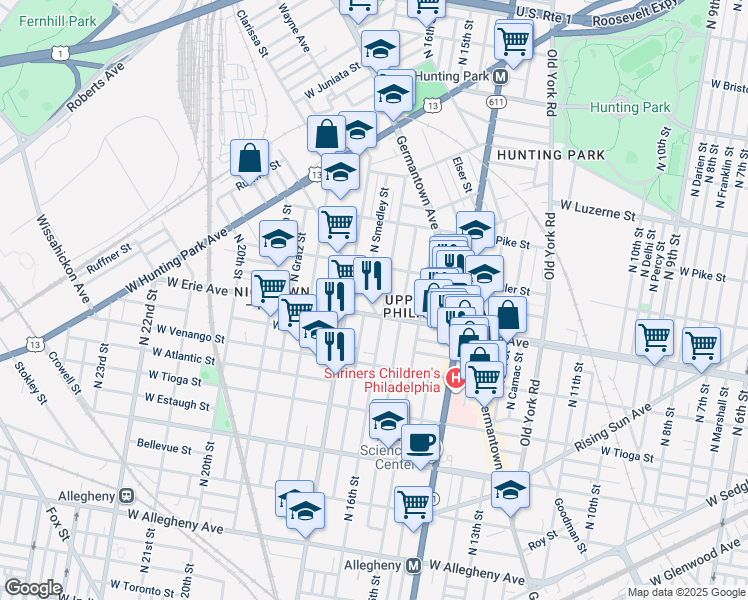map of restaurants, bars, coffee shops, grocery stores, and more near 3711 Pulaski Avenue in Philadelphia