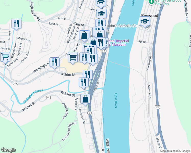 map of restaurants, bars, coffee shops, grocery stores, and more near Ohio River Scenic Byway in Bellaire