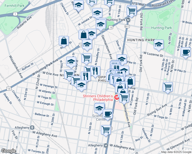 map of restaurants, bars, coffee shops, grocery stores, and more near 3711 Pulaski Avenue in Philadelphia