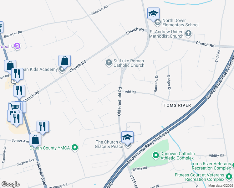 map of restaurants, bars, coffee shops, grocery stores, and more near 1302 Todd Road in Toms River