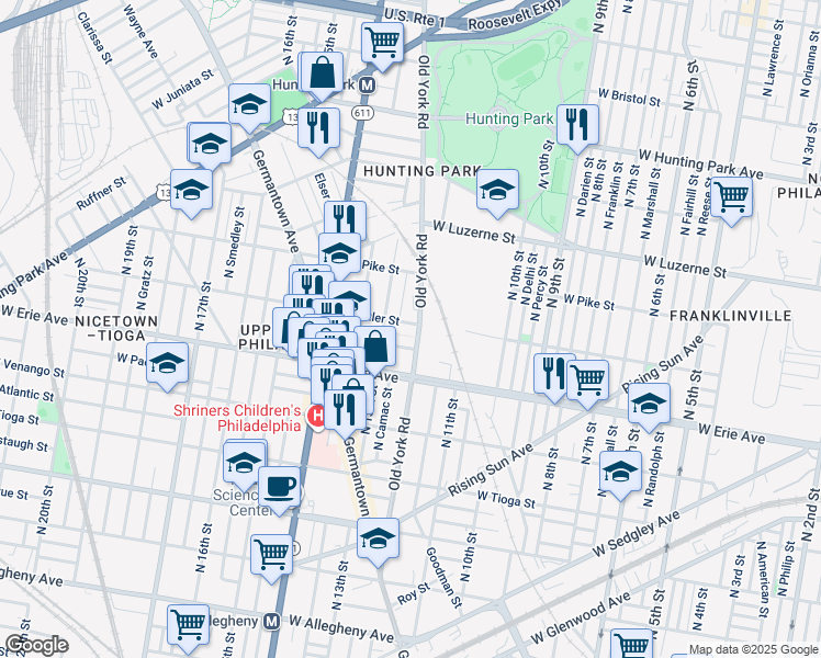 map of restaurants, bars, coffee shops, grocery stores, and more near 1206 West Butler Street in Philadelphia