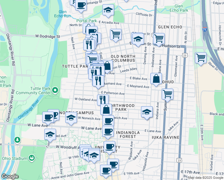map of restaurants, bars, coffee shops, grocery stores, and more near 63 East Maynard Avenue in Columbus
