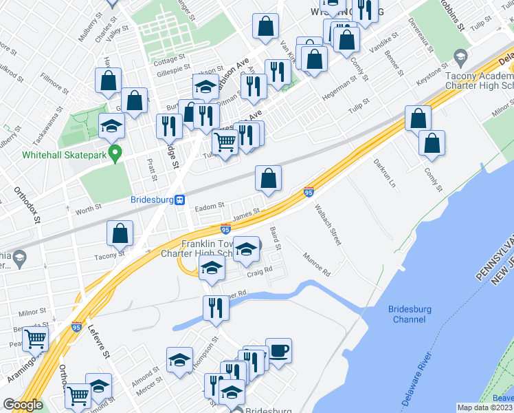 map of restaurants, bars, coffee shops, grocery stores, and more near 2253 Simon Street in Philadelphia