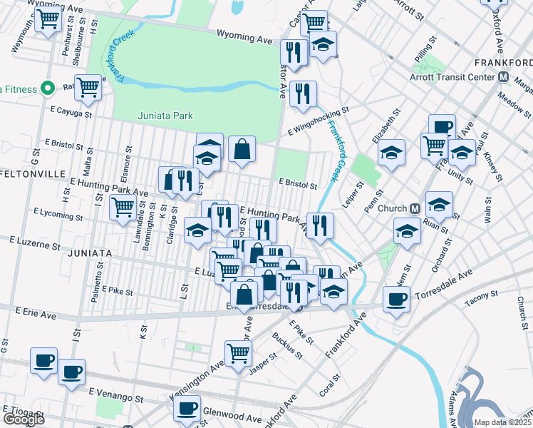 map of restaurants, bars, coffee shops, grocery stores, and more near Castor Ave & E Hunting Park Ave in Philadelphia