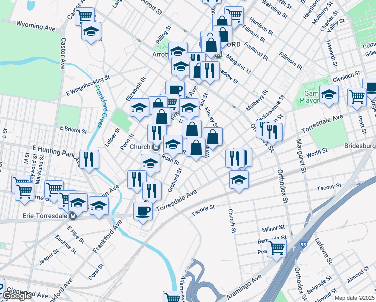 map of restaurants, bars, coffee shops, grocery stores, and more near 1679 Church Street in Philadelphia