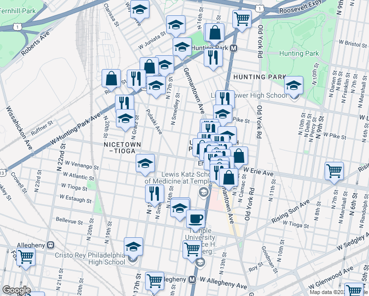 map of restaurants, bars, coffee shops, grocery stores, and more near 3718 North Sydenham Street in Philadelphia