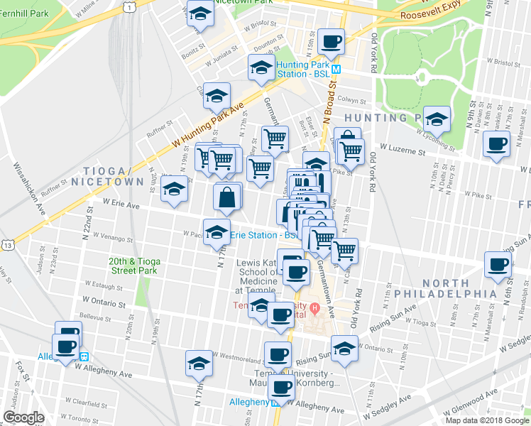 map of restaurants, bars, coffee shops, grocery stores, and more near 3718 North Sydenham Street in Philadelphia