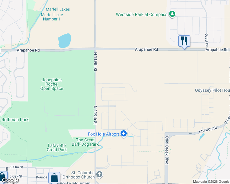 map of restaurants, bars, coffee shops, grocery stores, and more near 1200-1408 N 119th St in Lafayette