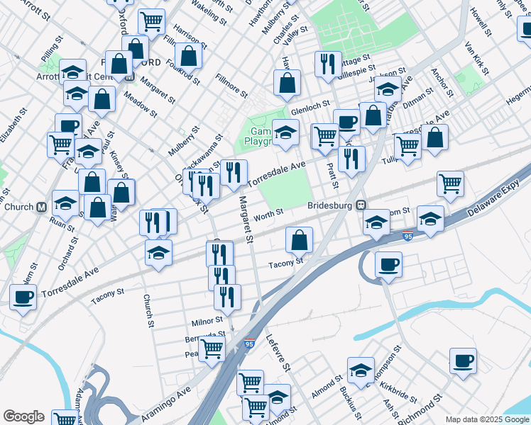 map of restaurants, bars, coffee shops, grocery stores, and more near 4742 Worth Street in Philadelphia