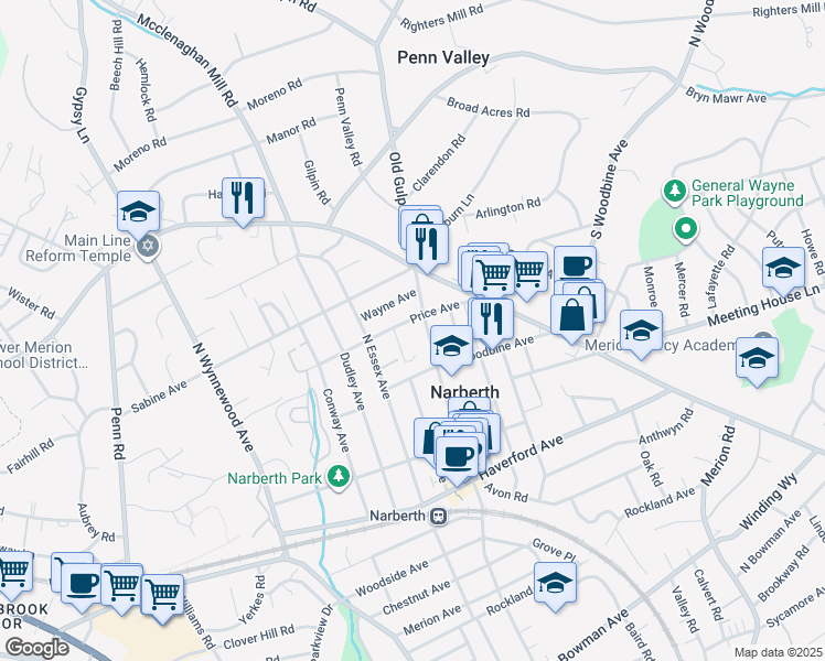 map of restaurants, bars, coffee shops, grocery stores, and more near 224 Price Avenue in Narberth