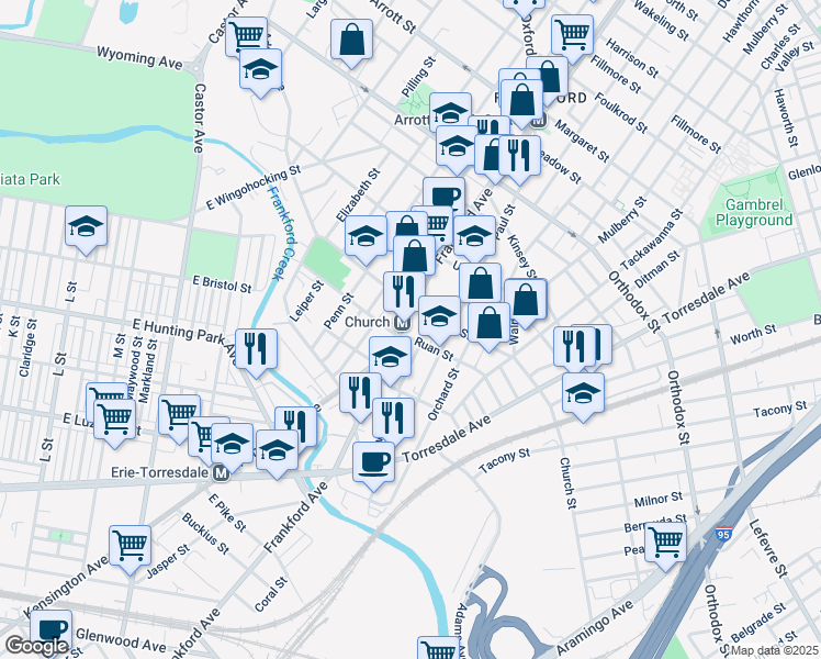 map of restaurants, bars, coffee shops, grocery stores, and more near 4265 Frankford Avenue in Philadelphia